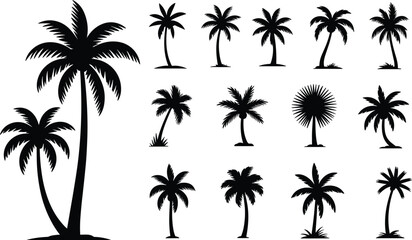 Collection of various black silhouette palm tree vectors for tropical, summer, and vacation designs