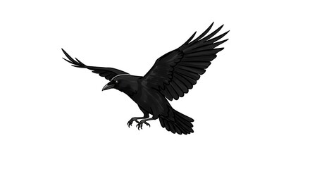 Obraz premium Silhouette of a Black Raven in Flight Against a Clean White Background.