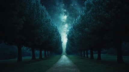 Starry night path through trees