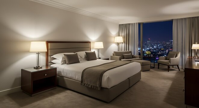 Luxurious Hotel Bedroom Suite with Panoramic Night Cityscape View and Warm Ambient Lighting.