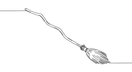 Single Line Drawing Witchs Broomstick with Halloween Concept, Isolated, and White Background.