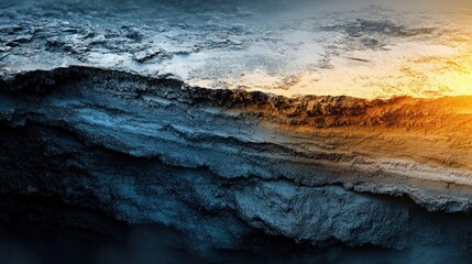 Close-up of stratified rock layers with contrasting textures and lighting showing natural geological formations at sunset
