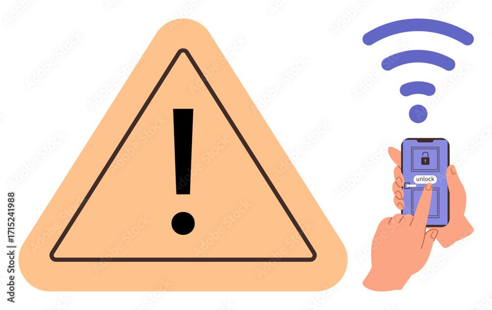 Wall mural large warning triangle with exclamation mark alongside a hand operating a smartphone unlocking via w