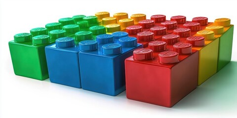 Obraz premium Colorful large plastic building blocks arranged in rows with multiple vibrant colors under bright lighting