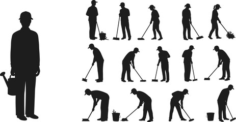 Obraz premium Gardening and cleaning silhouettes, worker poses, mop and broom action, watering plants, bucket tools, maintenance staff, hygiene service, field labor
