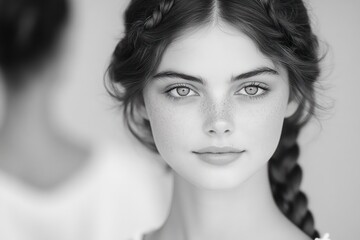 Fototapeta premium Close-up portrait of a young woman with light freckles and braided hair looking calmly into the camera in a soft monochrome setting
