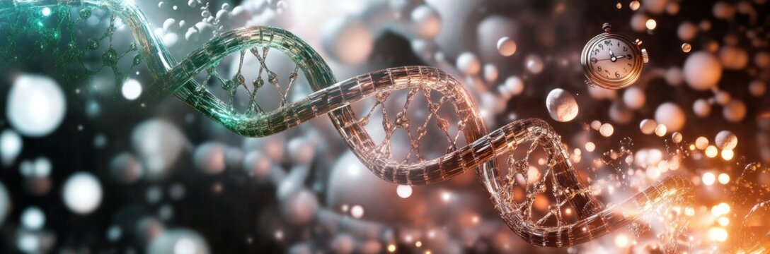3D rendering of a translucent DNA double helix floating among numerous white spheres with a vintage stopwatch in the background, symbolizing the relationship between genetics and time - Powered by Adobe