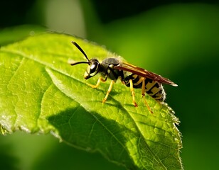 Fototapeta premium Close-up of a wasp on a vibrant green leaf (1)