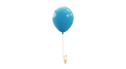 Tiny Person Holding Blue Balloon with Concept of Hope, Freedom, and Dreams on White.