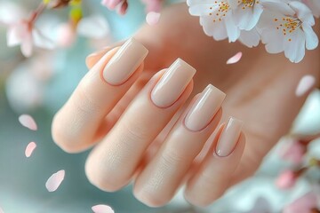 Close-up of a hand with long, glossy nude-colored manicured nails surrounded by soft pink cherry blossom petals and flowers
