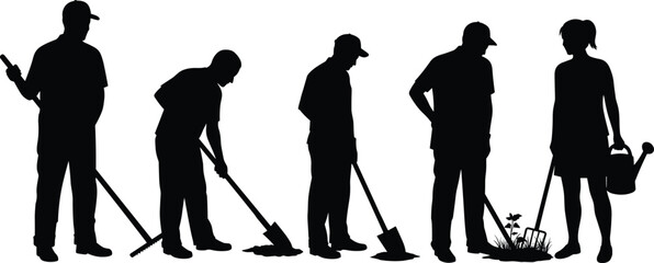 Obraz premium Gardening process silhouette, planting stages, shovel digging, seed sowing, plant growth, watering flowers, nature care, agriculture concept, black vector illustrationGardening process silhouette, 