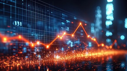 Glowing orange and blue digital stock market graph with fluctuating line and data points on dark futuristic background