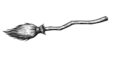 Vintage HandDrawn Witchs Broom with Isolated on White, and Halloween  Magic Concept.