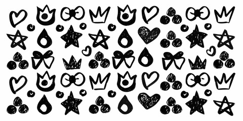 Collection of hand drawn black and white doodle icons including crowns hearts stars and bows