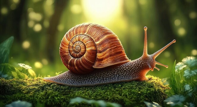 close-up of a brown snail with a spiraled shell crawling on green moss with blurred forest background and soft sunlight
