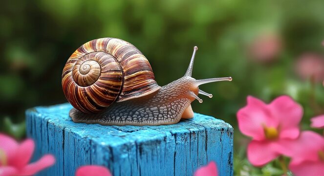 Close-up of a brown striped snail crawling on a blue weathered wooden block surrounded by pink flowers and green blurred background