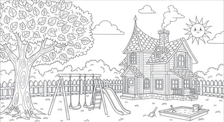 Obraz premium Simple house coloring page backyard
