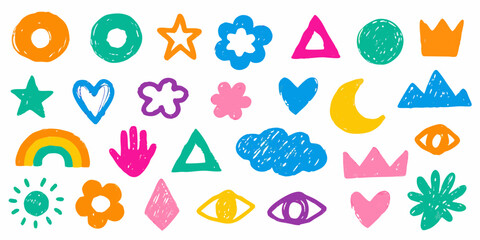 Collection of colorful hand drawn doodle shapes and icons on white background