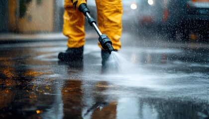 Obraz premium person wearing yellow pants power washing wet pavement with high pressure water hose outdoors