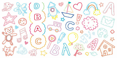 Collection of colorful crayon drawings of letters animals toys and nature elements on a white background