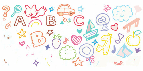Whimsical hand drawn alphabet letters and cute cartoon icons for children educational design