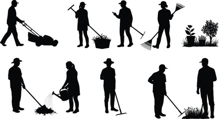 Gardening silhouettes, outdoor work, lawn care, plant watering, raking leaves, garden tools, landscaping people, horticulture tasks, nature activity, spring cleanup