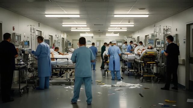 Busy Hospital Emergency Room - Doctors and Nurses Treating Patients.