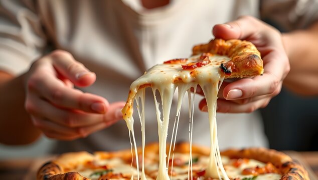 Close-up of a hand lifting a mouth-watering slice of hot, cheesy pizza, showcasing the long, melted cheese strings, ready to be enjoyed as a delightful meal