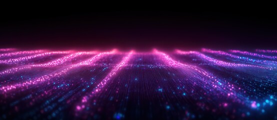 Glowing waves of pink and blue digital particles creating a futuristic flowing landscape on a dark background with a sense of depth and motion