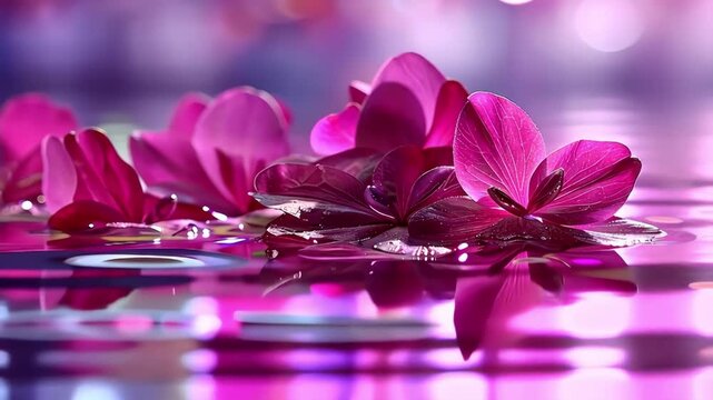 Magenta cyclamen flowers floating on water with reflections and bokeh lights.