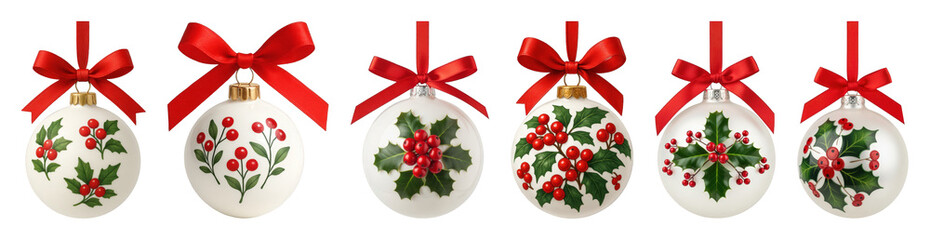 Christmas ornament set including white baubles with red ribbons and holly berry patterns isolated. Holiday decoration and festive collection.