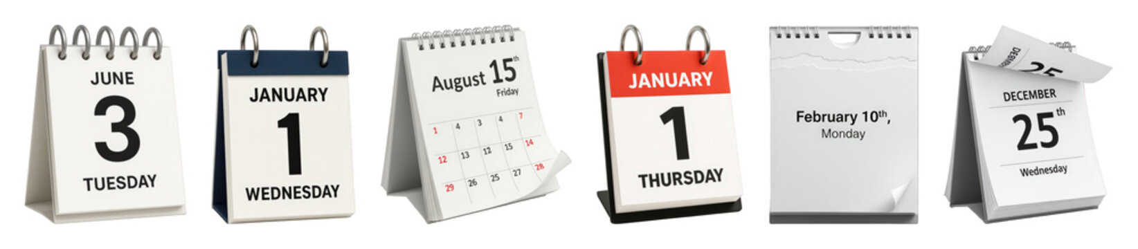 Desk calendar set including various dates, months, and styles isolated. Time management and planning collection.
