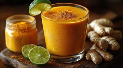 Fresh turmeric smoothie in a glass garnished with a lime slice surrounded by turmeric powder, fresh ginger roots, and lime halves on a wooden board