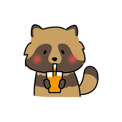 オレンジジュースを飲むタヌキ