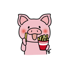 フライドポテトを食べるぶた