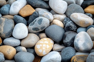 Collection of smooth, rounded pebbles and stones in various shades of gray, white, black, and brown, closely packed together creating a natural textured surface