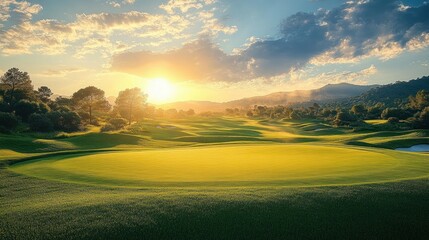 Sun setting over a lush golf course with neatly trimmed greens, surrounded by trees and mountains under a partly cloudy sky with warm golden light