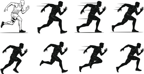 Silhouette of male athlete running fast, sprint training sequence, fitness workout, sports action movement, speed exercise, marathon runner, healthy lifestyle illustration