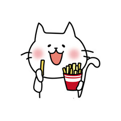 フライドポテトを食べる白い猫