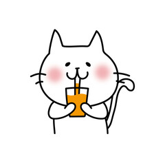 オレンジジュースを飲む白い猫