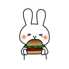 大きなハンバーガーを食べる白いうさぎ
