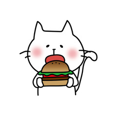 大きなハンバーガーを食べる白い猫