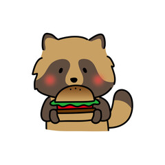 大きなハンバーガーを食べるタヌキ