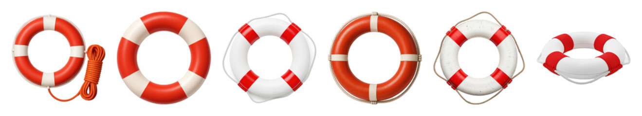 Lifebuoy set including classic red and white designs, some with rope details, and varied textures isolated. Maritime safety and nautical design elements.