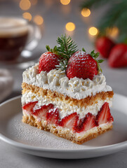Strawberry cream slice cake on a round white plate