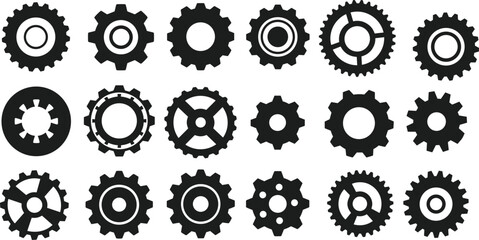 Industrial gear icons, mechanical cogwheels, engineering machinery symbols, black and white vector gears, technology illustration, machine parts, industrial design elements, engineering graphics