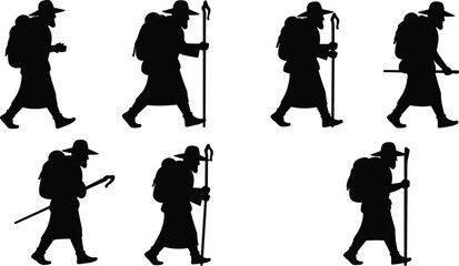 Silhouette of traveler with backpack and walking stick, hiking journey explorer, outdoor adventure man, pilgrimage walk, trekking lifestyle, wanderer artworkSilhouette of traveler