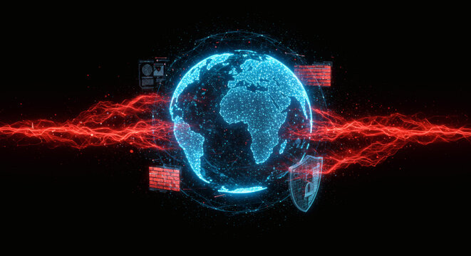 Global communication and technology concept featuring a digital wireframe globe with abstract data waves and security icons - Powered by Adobe
