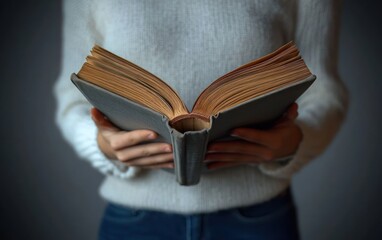 Person wearing a white sweater holding an open old book with yellowed pages, reading attentively in soft natural light