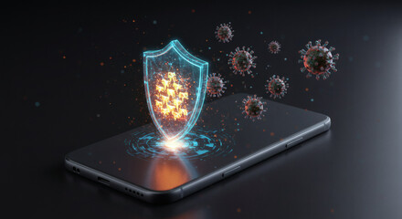 Advanced smartphone cybersecurity shield actively defending against viral online threats and data breaches, ensuring digital safety and data integrity